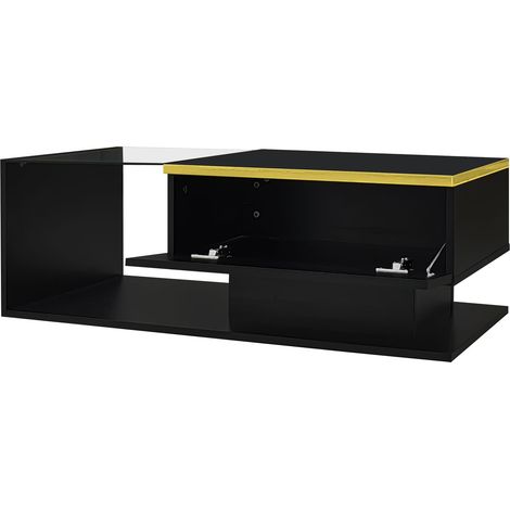 ELVMI Tavolino da salotto con 1 vano portaoggetti, ripiani aperti e LED, in vetro e pannello truciolare, 90 × 50 × 32.5 cm, Nero (1/4)