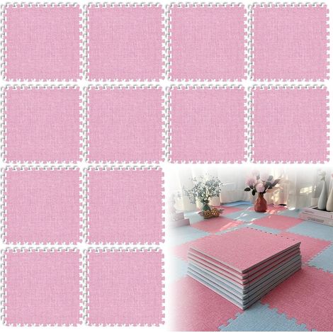12 Pièces Tapis Puzzle, Dalle Mousse, Carreaux de Sol Emboîtables en Lin, Tapis Mousse Chambre Enfant, pour Salon et Chambre à Coucher, 30 x 30 cm - Rose (1/5)