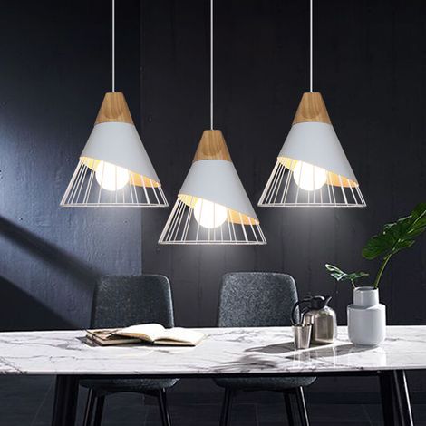 – Lustre industriel en métal et bois – 3 abat-jours E27 ajustables – Dimensions 25x30cm – Pour salles à manger et salons (1/5)