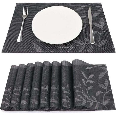 Lot de 8 Sets de Table Vinyle Résistant à l'usure à la Chaleur, Tissées pour Napperons de Cuisine 45 cm 30 cm, Feuilles Foncées (1/4)