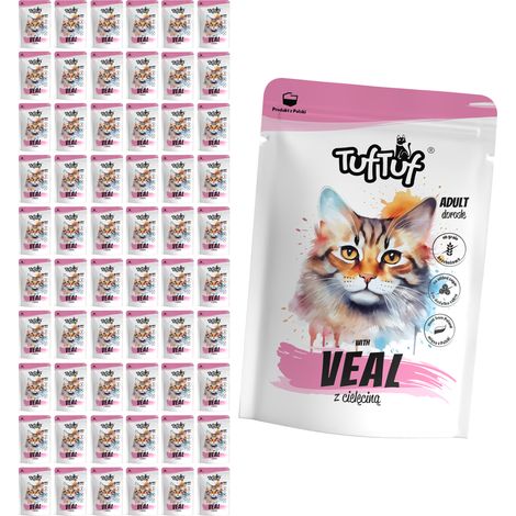 Aliment humide pour chat TufTuf, sachet de veau, 60 sachets de 100 g, viande en conserve (1/2)