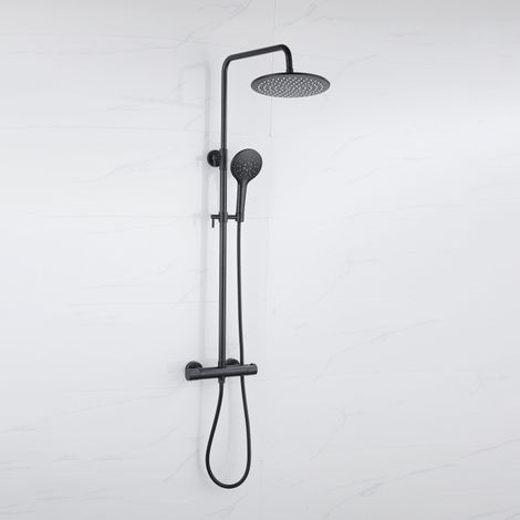FugaFlow Eccelente Ensemble de douche de tête - thermostatique - douche de tête 25cm - flexible métallique - douchette ronde - noir mat