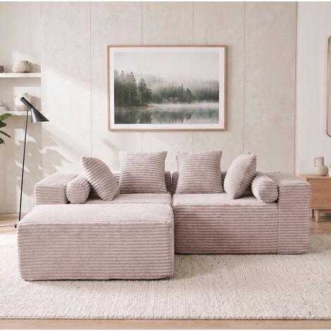 Divano modulare angolare, senza montaggio, componibile, chaise longue oversize, schiuma e molle, beige (1/5)
