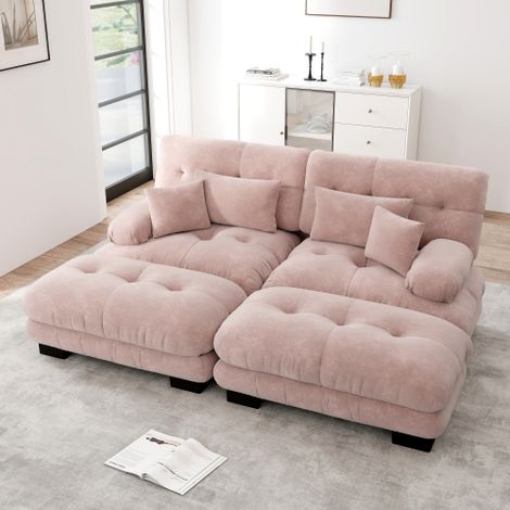 Canapé 2 places, avec 2 coussins lombaires et 2 oreillers, accoudoirs larges et 2 poufs, chenille, rose (1/5)
