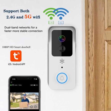 Sonnette vidéo extérieure sans fil Tuya 1080p, étanche, double Wi-Fi 5 GHz et 2,4 GHz, avec caméra intégrée. Compatible avec les systèmes 5G et 2,4 GHz. (1/4)