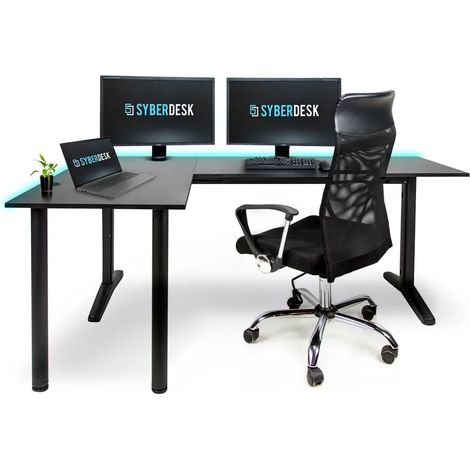 Bureau d'angle de jeu LED 197 x 132 cm – Table de jeu RGB en L – HUB USB – Gestion des câbles – Conception ergonomique – Syberdesk (1/5)
