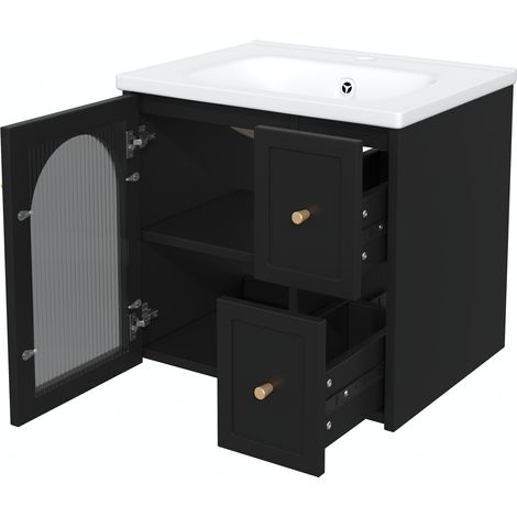 Meuble de salle de bain mural avec vasque en céramique, éclairage LED, porte en verre strié et poignées en métal, noir/blanc (1/5)