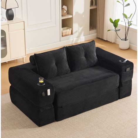 Sofá cama plegable 180x98x80 cm negro en pana acanalada con espuma densa, muelles, bolsillos laterales y portavasos (1/5)