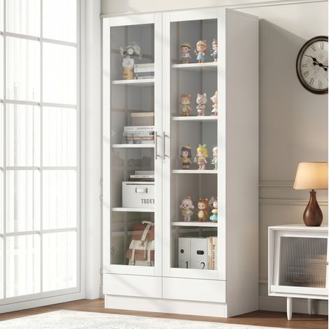 Armario vitrina (80x40x160 cm), con 2 cajones, 9 compartimentos, vidrio templado, MDF y vidrio, blanco (1/5)