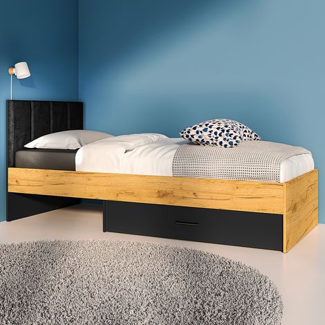 Cama 90x200 somier y cajón incluido Zoran Negro y Madera (1/5)