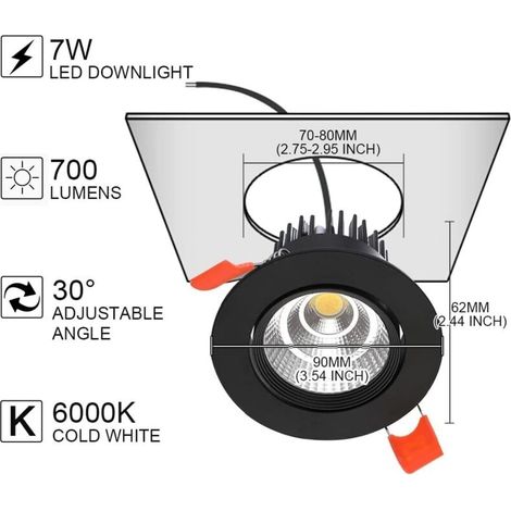 6er-Pack LED-Einbaustrahler, 7W COB-Einbauleuchte für die Decke, AC 220-240V, Kaltweiß 6000K, Verstellbarer Winkel 30°, IP44, Ausschnitt 70-80mm, Für Wohnzimmer, Flur, Badezimmer, Küche (Schwarz) (1/4)