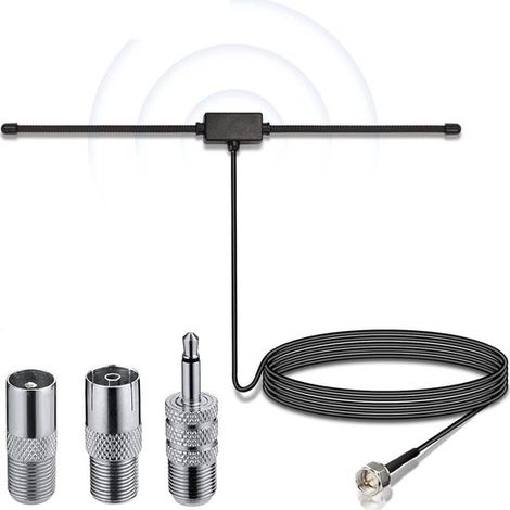 Antena de radio FM con cable de 3 metros，Conector tipo F con 3 adaptadores，Antena de radio digital，Soporte autoadhesivo，Para recepción de FM (1/5)