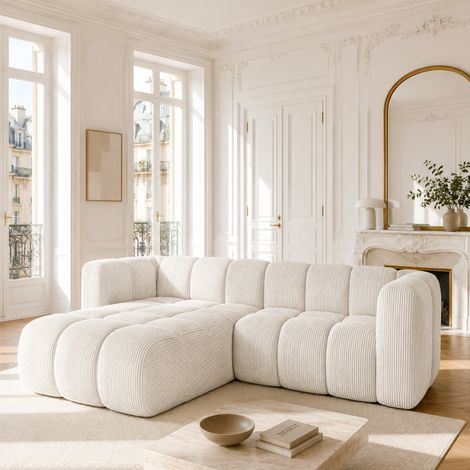 RINIA - Canapé d’angle gauche en velours côtelé - 4 places - 228 cm - Beige (1/4)