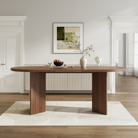 Table de salle à manger de 200 x 90 cm, pouvant accueillir 6 à 8 personnes elle présente des coins arrondis, un plateau épais et un style minimaliste finition noyer. (1/5)