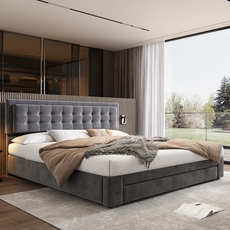 Lit coffre 160x200 cm en velours gris avec tiroirs et grand espace de rangement (1/5)