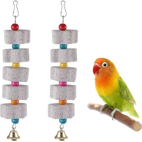2-Piece Chew Toy Set: Mineral Stone, Bell, Metal Hook, for Parrots and Rabbits (1/5)