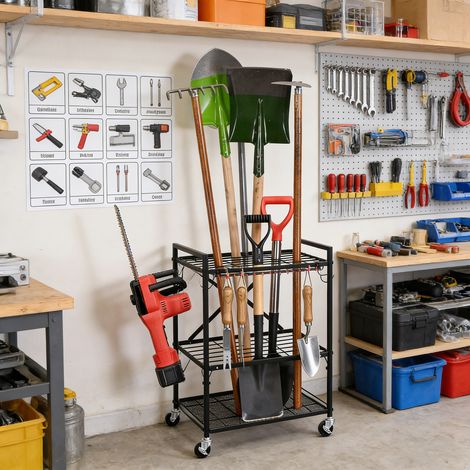 Chariot rectangulaire rangement outils de jardin 3 niveaux noir‑mat sur roulettes, cadre fer anti‑rouille, pour garage, cour, balcon et local de rangement (1/5)