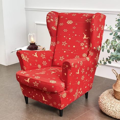 Sollbry Funda elástica para sillón orejero de 2 piezas con funda de cojín en T, diseño de moda Strandmon, antideslizante (rojo navideño) (1/5)