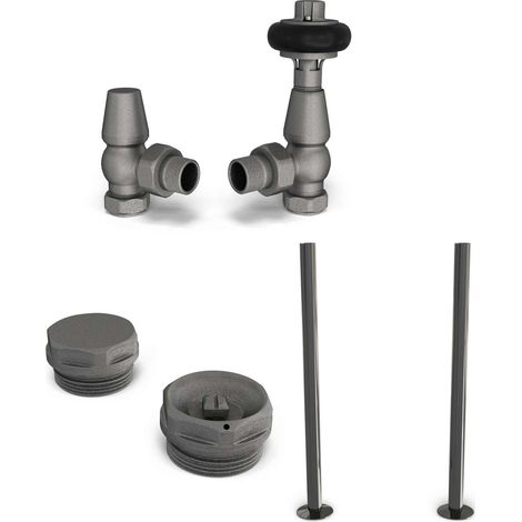 Signature Wooden Head - Natural Pewter Thermostatic Radiator Valve & Installation Kit Angled 15mm (130mm version) (1/3)