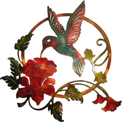 Pair Décoration murale en métal oiseau – Art mural colibri 3D décoratif – Finition foncée – 31 × 32 cm