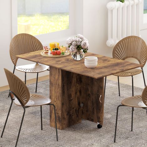 Table de salle à manger pliante à abattants pour 6 personnes, avec 2 étagères ouvertes et roulettes verrouillables. Marron (1/5)