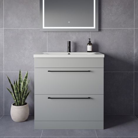 Napoli 460 Gloss Grey Pearl 800mm 2 Drawer Vanity Unit with Glide Basin - 800mm - Matt Black 480mm Handle