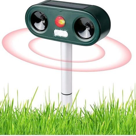 Répulsif Chat Jardin à Ultrasons, 5 Modes, Alimenté par USB ou Solaire, Répulsif Chats avec Piquet au Sol