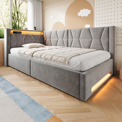 Lit coffre 140x200 cm velours gris foncé, LED et rangement pour chambre, sans matelas – MEUBLIV (1/5)