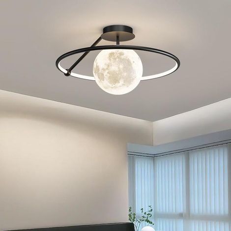 Modern luxury LED ceiling light, white sphere with 3D planet ring effect, dimmable, semi-recessed, black, for kitchen, dining room, or children's bedroom (1/5)