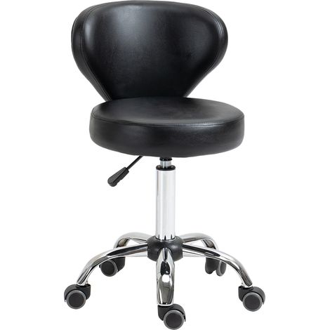 Tabouret à roulettes noir, siège de massage pivotant 360°, hauteur réglable 49-64 cm, dossier ergonomique, piètement métal chromé, revêtement similicuir (1/5)