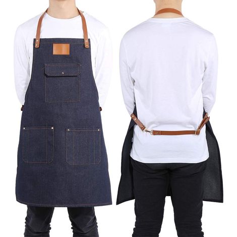 GOTOTOP Tablier en denim avec poches adultes hommes femmes sangle en cuir boulanger barman barbecue chef bavoir travail cuisinier uniforme cuisine (23,62 x 29,53 po)(Bleu). (1/5)