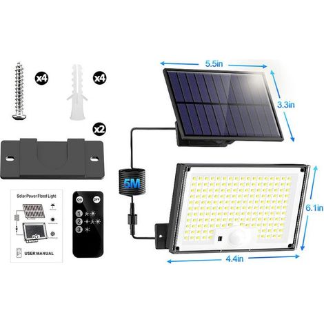 Solarleuchte Außen 172 LED, Bewegungsmelder, IP65, 3 Lichtmodi, Fernbedienung