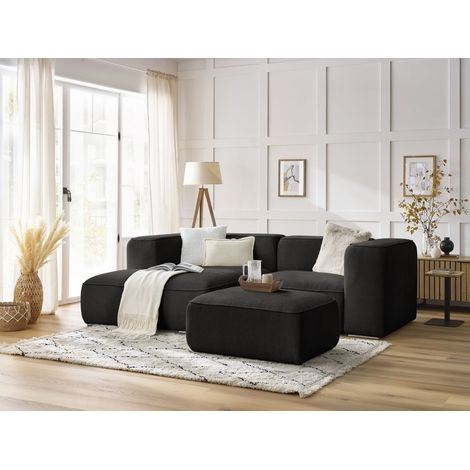 BOBOCHIC - Canapé d'angle fixe compact ZEPHYR avec pouf Angle gauche  Noir (1/5)