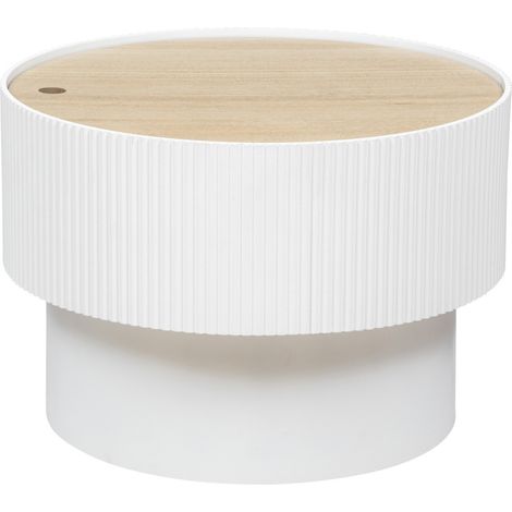 Pegane – Table basse ronde MDF blanc – diamètre 55 cm – hauteur 38 cm – couvercle en bois – design moderne (1/3)