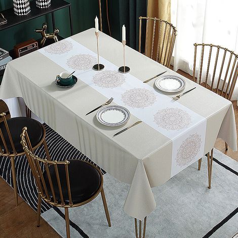 Rechteckige Tischdecke 140 x 90 cm, wasserabweisend, fleckenabweisend, mit Retro-Blumenmuster, PVC-beschichtet, waschbar, für Esstisch, Küche und Garten, Beige (1/4)