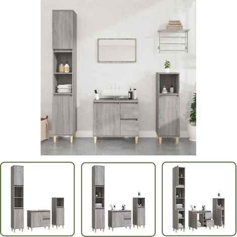 The Living Store 3-tlg. Badmöbel-Set Grau Sonoma Holzwerkstoff - Badmöbel-Set - Badezimmermöbel - Waschtischunterschrank - Standregal - Grau Sonoma (1/5)