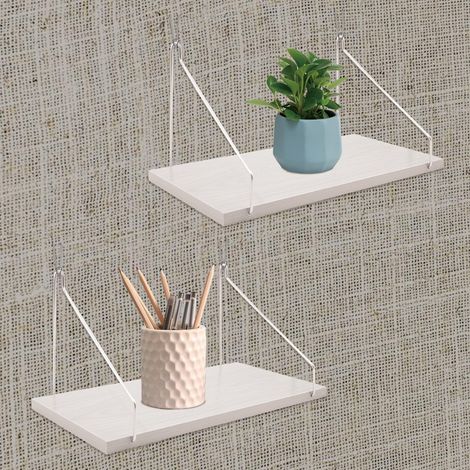 2 Stück Holz-Wandregale mit Haken, ohne Bohren, schwebende Regale für Küche, Badezimmer, Wohnzimmer, Büro (weiß), 30 x 15 x 1,2 cm