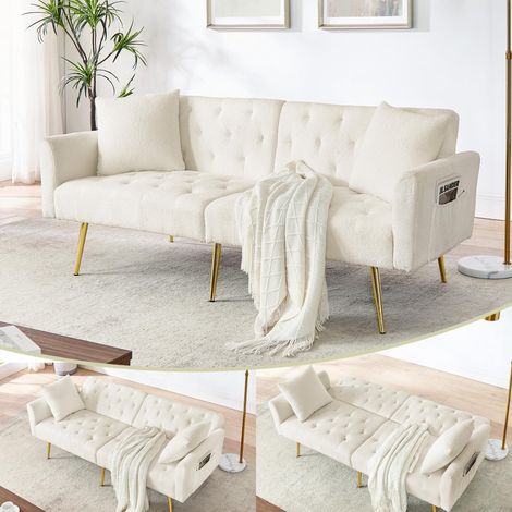 Canapé deux places moderne en polaire bouclée effet peluche, dossier réglable 3 positions, 2 coussins inclus, pieds en métal robustes, doux et confortable pour salon, appartement en location, petit ap (1/5)