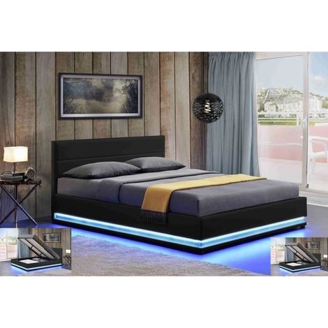 Lit Led avec coffre de rangement AVA - Noir - 180 x 200 cm - Sommier relevable - Design élégant (1/4)