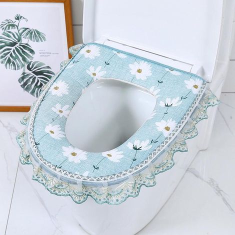 1 siège de toilette imperméable pour usage domestique (dentelle bleue), siège de toilette universel avec fermeture éclair, coussin chauffant, compatible avec la plupart des toilettes (sans autocollant (1/5)