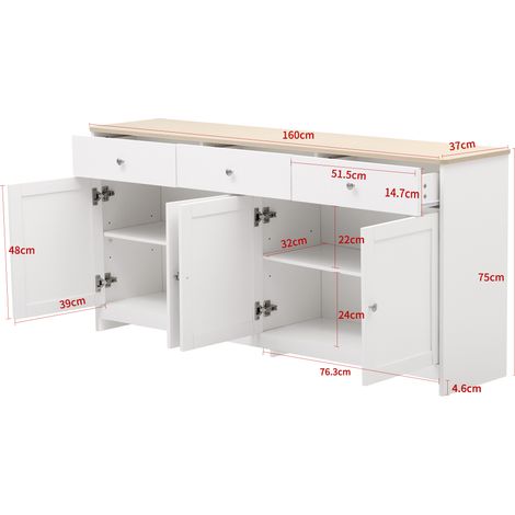 Buffet à bois blanc,quatre portes,avec trois tiroirs,salon,salle à manger. Couleur du bois et blanc(DA)