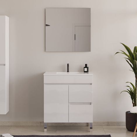 Meuble de salle de bain 60cm sur pieds avec simple vasque avec porte et tiroirs - blanc brillant - HARO