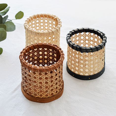 Porte-stylo cylindrique en rotin blanc tressé – panier rangement vaisselle, déco rétro, petit panier à fleurs (1/5)