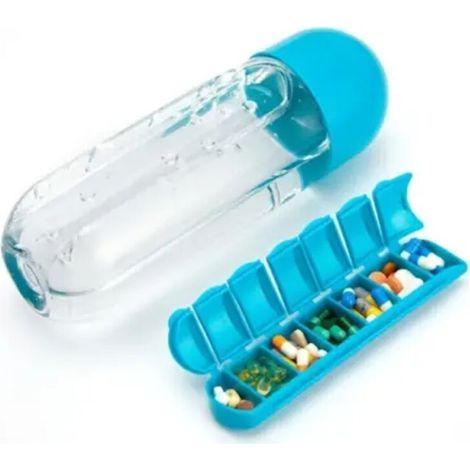 pair Bouteille d'eau de sport avec insert Organisateur de boîte quotidienne de 7 jours Verre à boire de qualité alimentaire de qualité médicale Bleu (1/4)