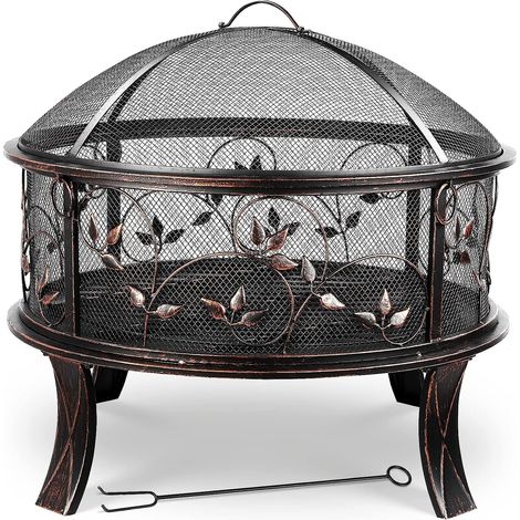 TLGREEN Brasero avec Protection Anti-étincelles, brasero de Jardin Ø 71 x 65 cm, Style rétro, avec Poker et Grille à Charbon, Chauffage en Hiver Stable, Motif Floral Herbe, pour Jardin, Camping, Plage (1/5)