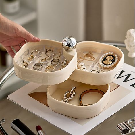 Boîte à bijoux rotative à plusieurs niveaux pour boucles d'oreilles, bracelets, puces et colliers. Haut de gamme, raffinée, anti-oxydation, entièrement blanc laiteux. (1/4)