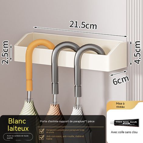 Porte-parapluies à long manche, blanc, à coller sans perçage, pour entrée, avec égouttoir intégré