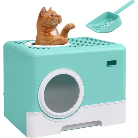 Bac à Litière pour Chat avec Couvercle et Pelle, Double Entrée et Plateau Amovible, 52x41x38.5cm, Vert (1/5)