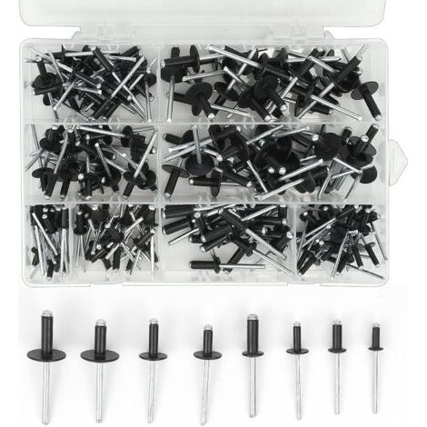 200 Pièces Rivets aveugles pop en aluminium, 3.2 x 8mm, 3.2 x 10mm, 4 x 10mm, 4 x 14mm, 4.8 x 14mm, 4.8 x 18mm, 8 tailles kit d'assortiment de rivets pop Noirs pour Métal, Bois, Plastique