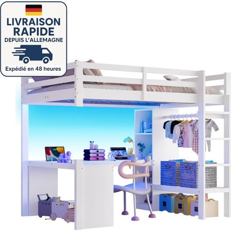 Cama alta 140x200 - Con estante multifuncional, escritorio debajo de la cama, luz LED y puerto USB, blanca (1/5)
